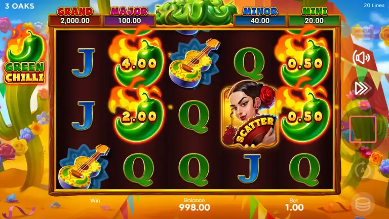 Green Chilli 5x3 reel grid with jackpot tier panel (GRAND 2000x, MAJOR 100x, MINOR 40x, MINI 20x) across the top, Mexican Man wild and chilli symbols visible, balance and bet controls at bottom