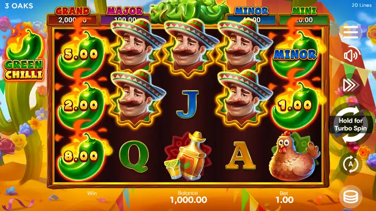 Green Chilli session checkpoint at spin 1: clean reel view with full paytable symbols visible, jackpot bar active, balance 1,000.00 at bet 1.00
