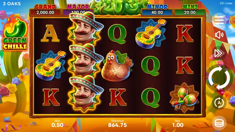 Green Chilli session checkpoint at spin 438: base game reel state with Mexican Man wild column visible, balance 864.75 showing early session drawdown