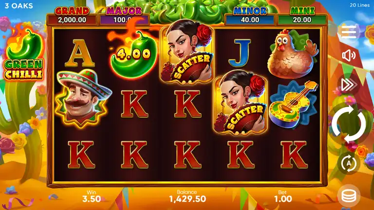 Green Chilli session checkpoint near spin 1678: reel state with two Scatter symbols visible, on-screen balance 1,429.50 at bet 1.00 (ledger close 1,428.75), net positive