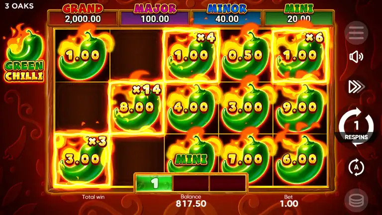 Green Chilli Hold and Win board mid-session: 5x3 grid with multiple green chilli Bonus symbols locked showing coin values (1.00 to 9.00) plus multiplier overlays (x4, x14, x3, x6), MINI jackpot awarded, RESPINS counter at 1, balance 817.50