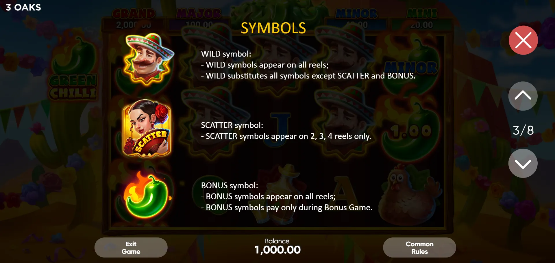 Green Chilli symbol rules page showing Wild (Mexican Man) appears on all reels, Scatter (Mexican Woman) restricted to reels 2, 3, and 4, and Bonus chilli symbol triggers Hold and Win with 6 or more
